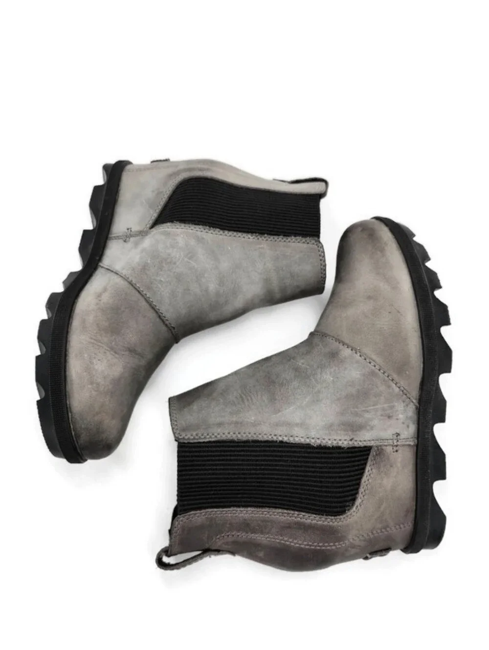 Sorel Joan of Arctic Grey Leather Waterproof Pull-On Lug-Sole Wedge Heel Boots